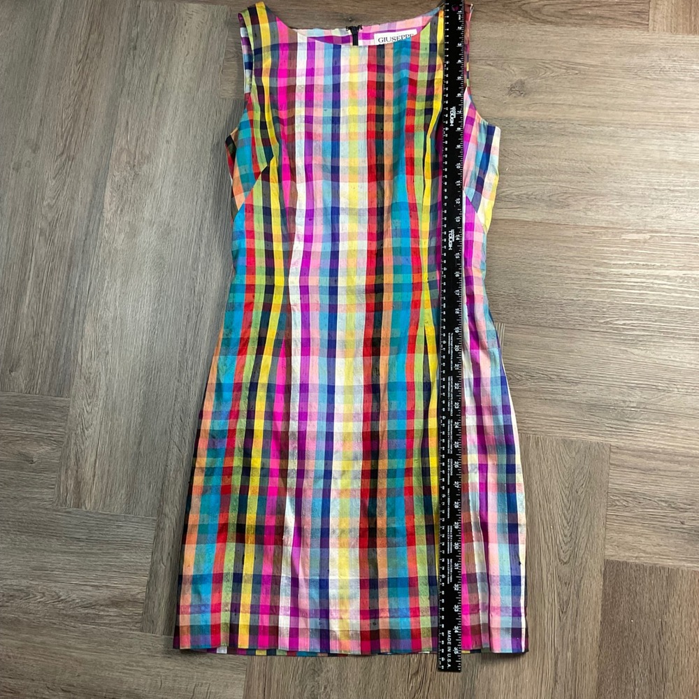 VTG Giuseppe Collection 100% Silk Madras Plaid Sheath Dress 4 Rainbow Lined - Picture 5 of 7
